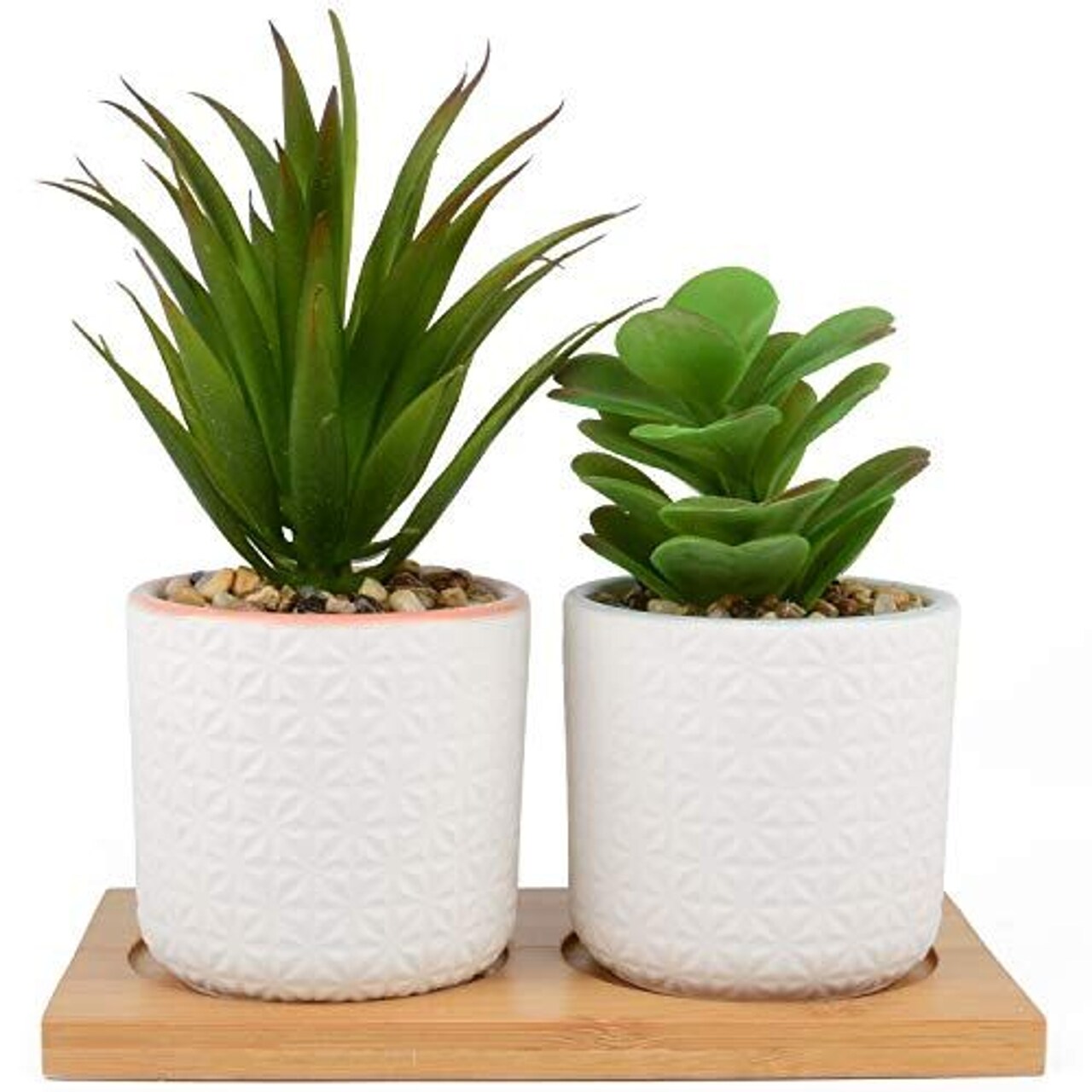 Set of 2 Artificial Succulent Plants, Fake Plants in White Ceramic Pots with Bamboo Tray, 6.5” tall